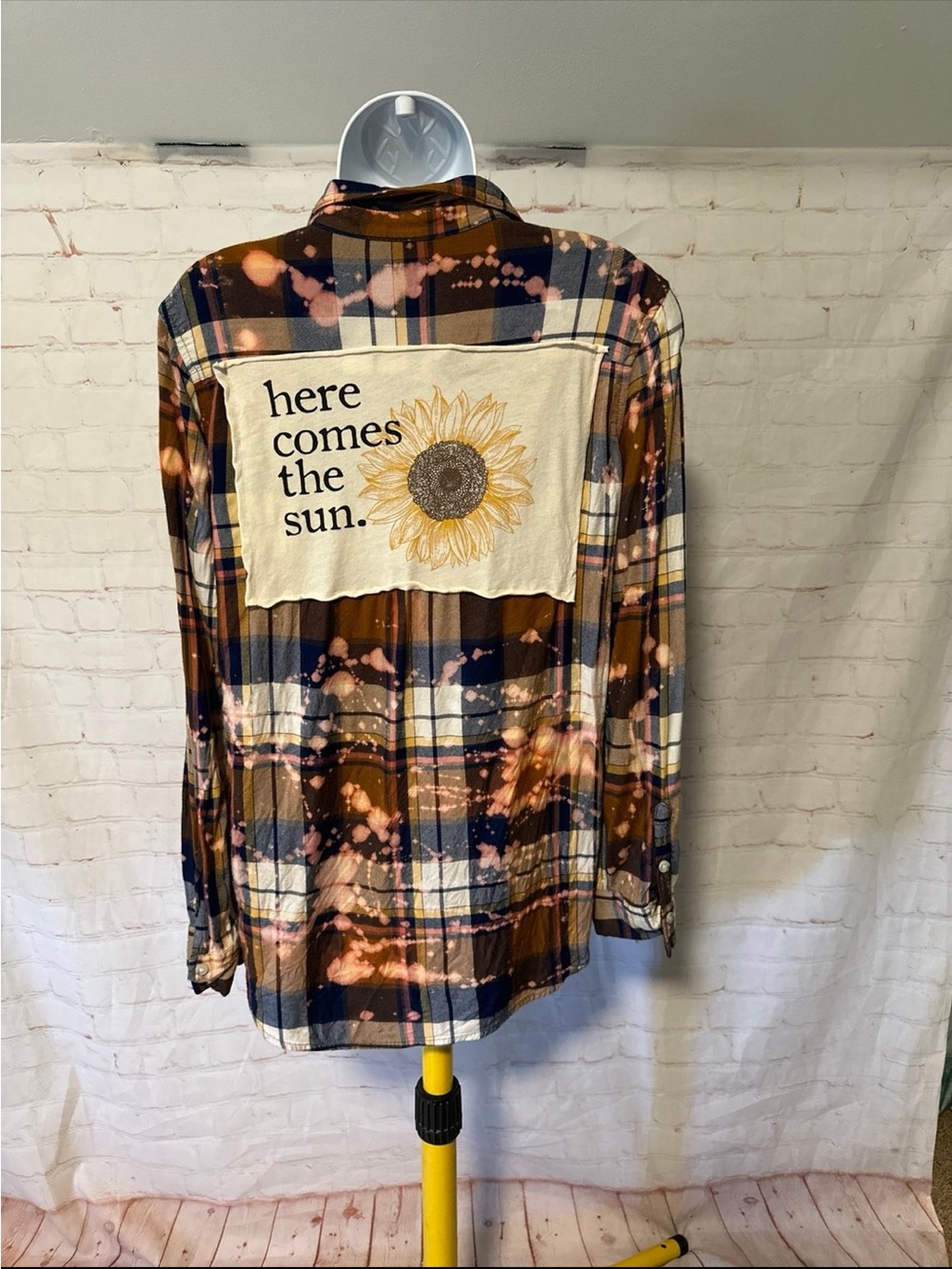 Here Comes The Sun Upcycled Bleached Tee Flannel Sz M